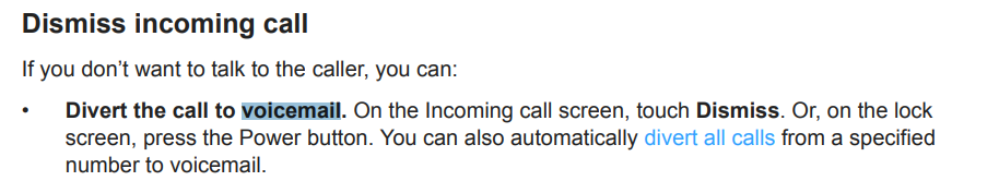screenshot of text of Divert the call to voicemail from tmobile pdf