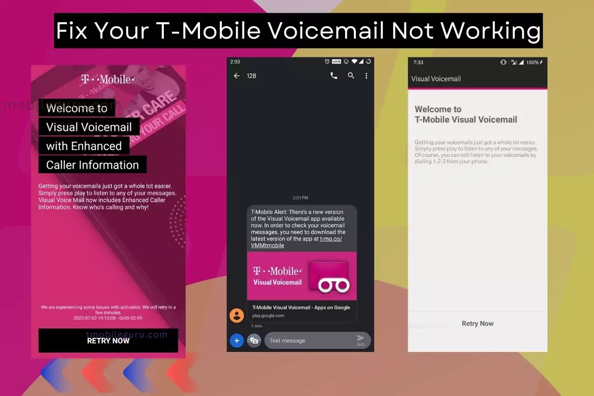 multiple screenshot of tmobile visual voice mail making errors and issues